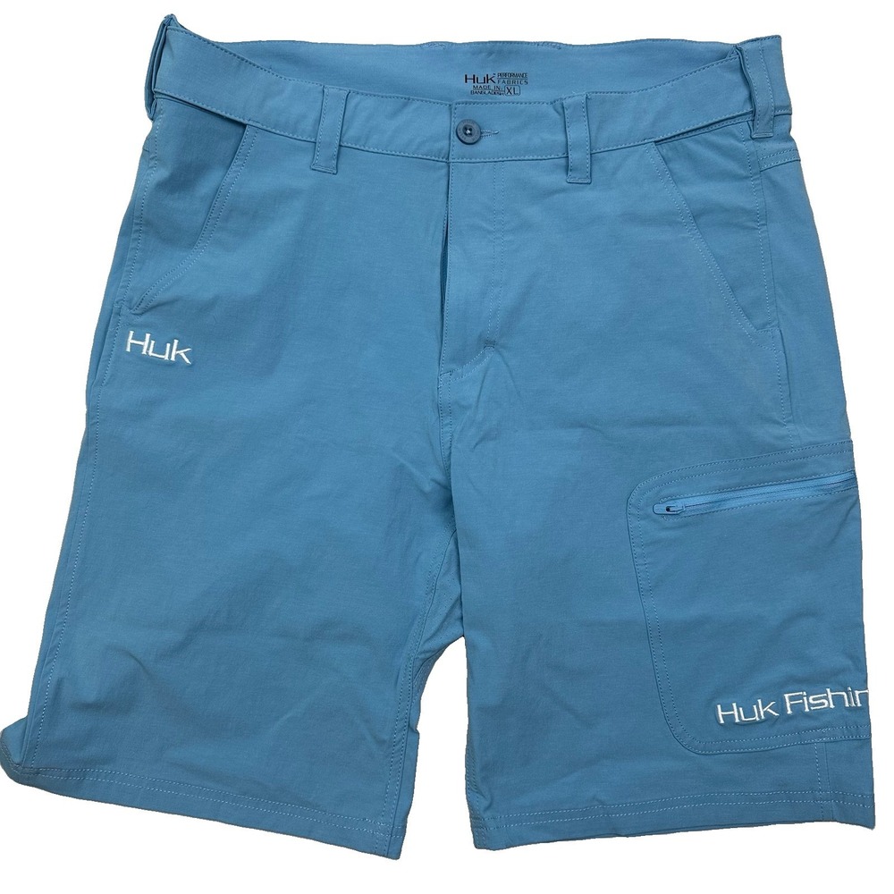 Huk Performance Fishing Cargo Shorts Mens XL Blue Stretch Zip Elastic Waist